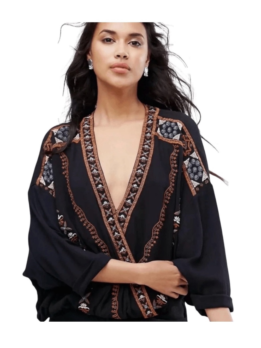 Free People Crescent Moon Boho Embroidered and Beaded Top